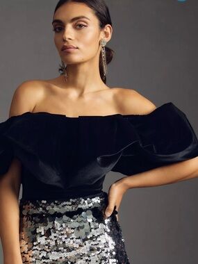 Hutch Off-Shoulder Black Velvet Crop Top